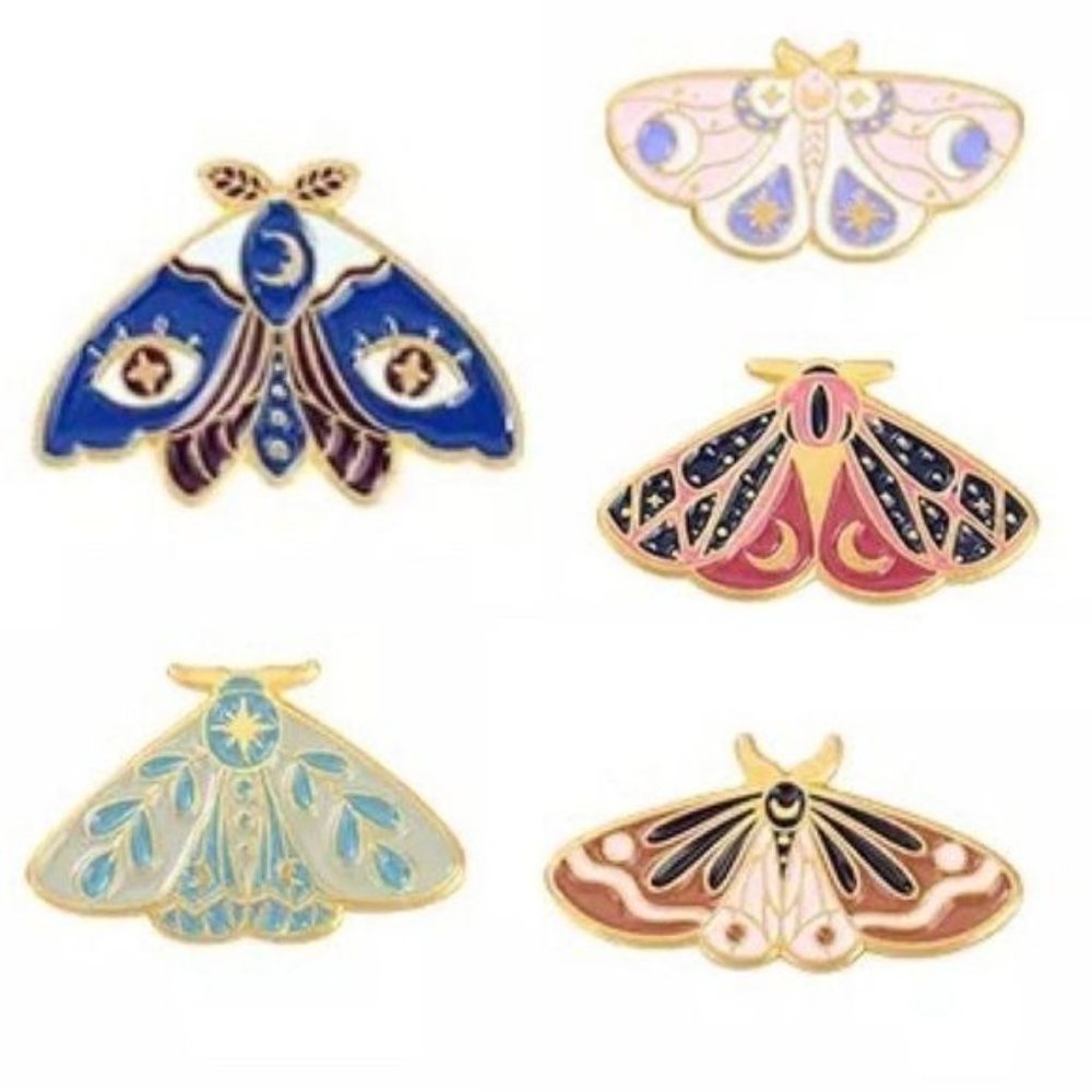 Set of 5 Moth pins enamel moon floral pin